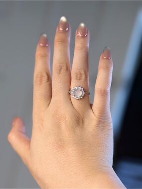 White Chalcedony Halo Ring Adjustable Silver Tone Ethereal Statement